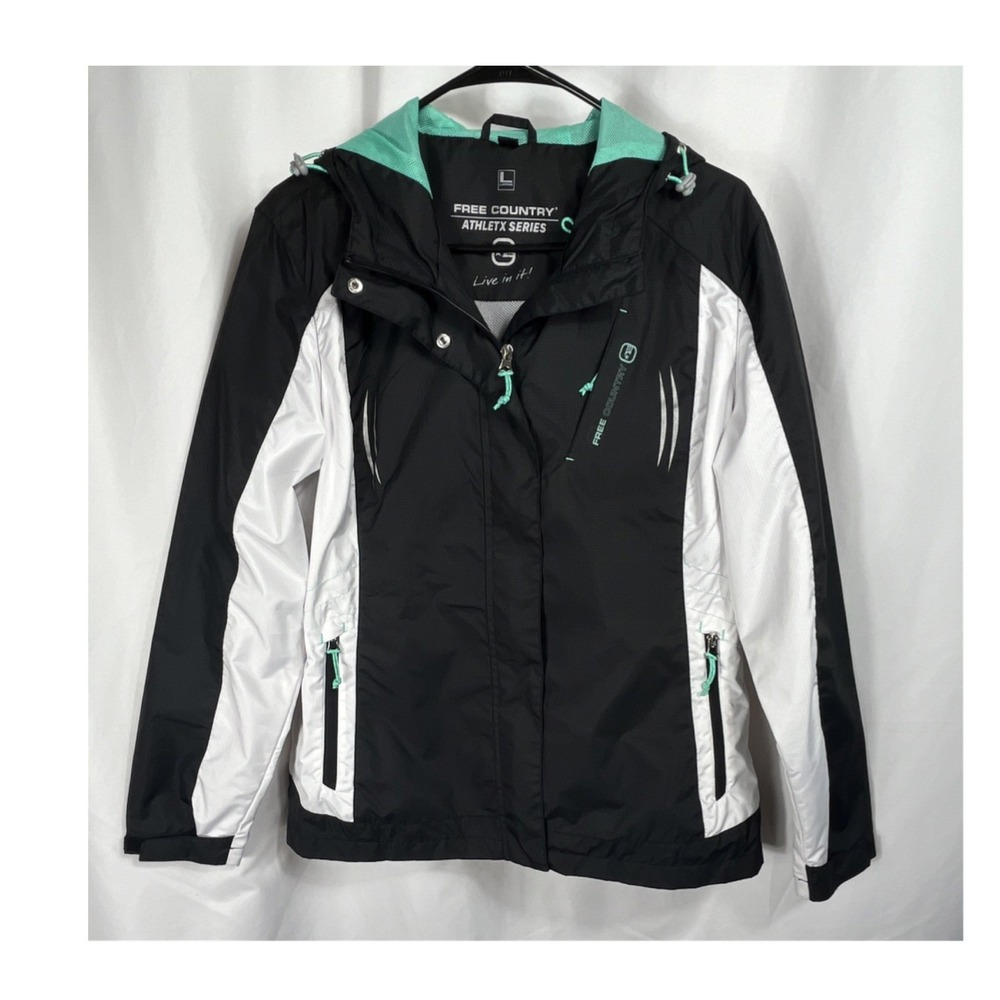 Free Country Athletx Women's Zip Hooded Colorblock Jacket Black White Green L